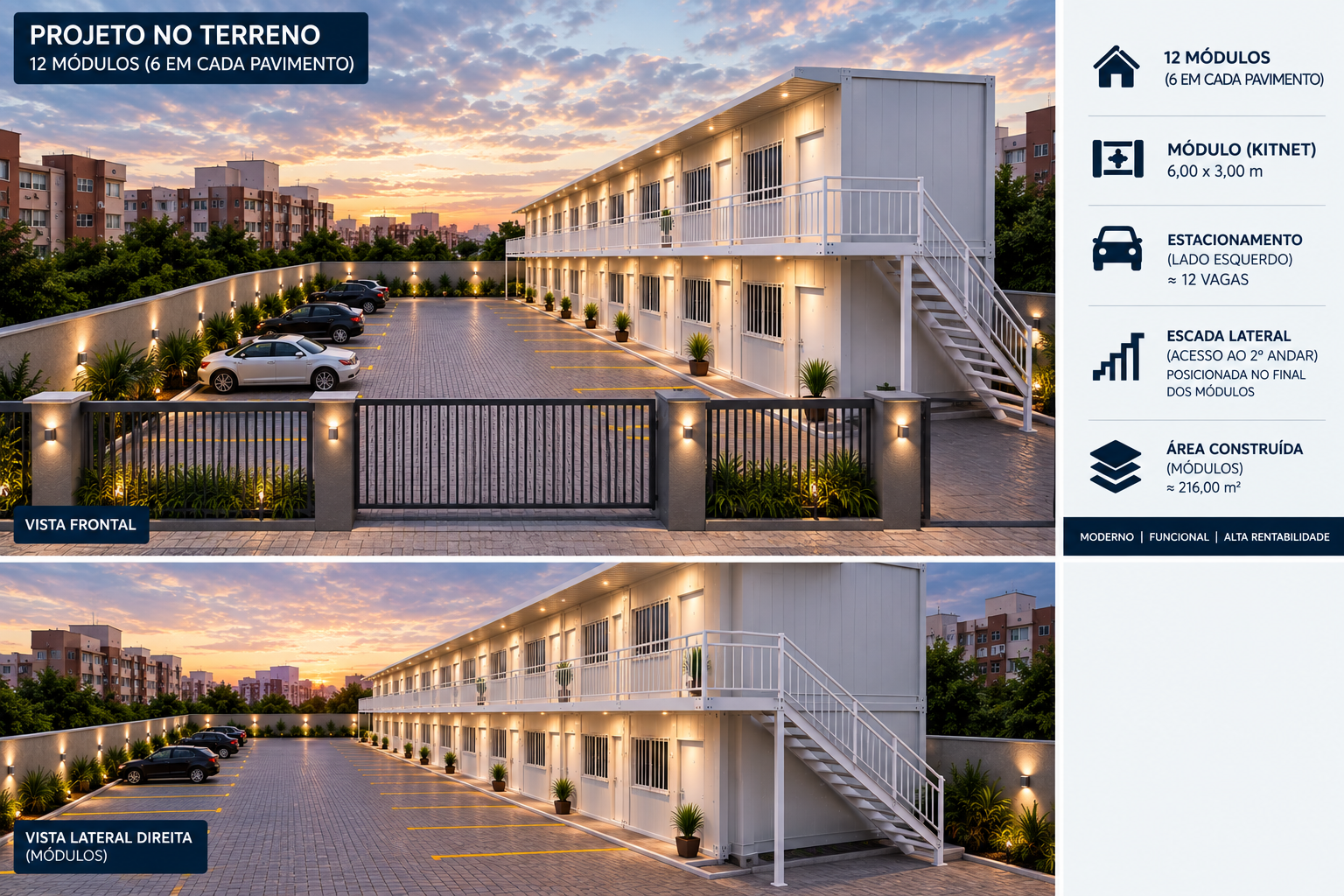 Vista frontal e lateral de projeto modular com 12 kitnets em dois pavimentos, 6 módulos por andar, escada lateral e 12 vagas de estacionamento