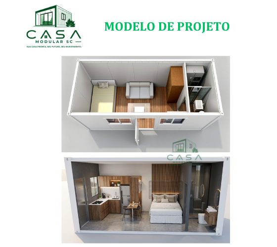 Render 3D do interior de casa modular 3x6 metros mostrando quarto, sala de estar e cozinha integrados