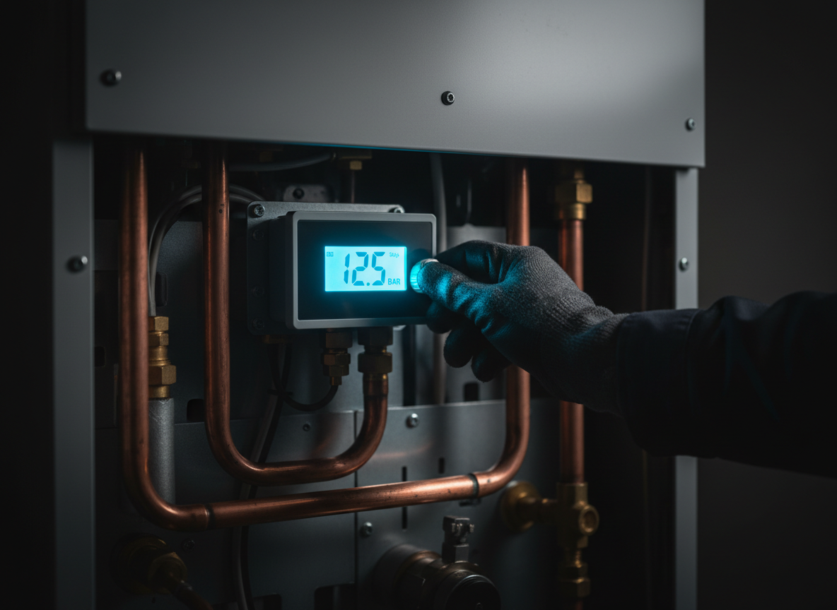 Engineer adjusting a boiler pressure gauge