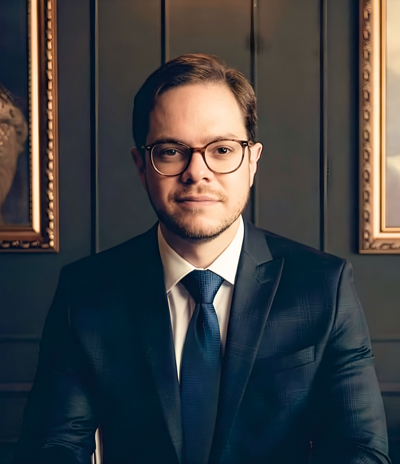 Homem elegante em terno — presença executiva que ilustra a marca