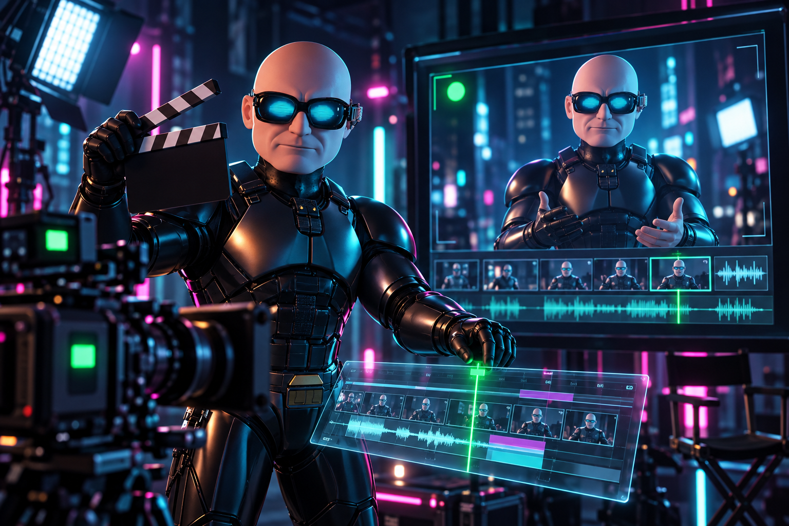 Business professional creating videos with an AI digital counterpart