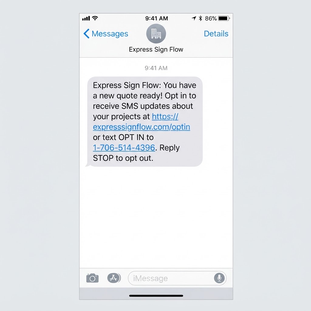 SMS message from sign shop with opt-in link