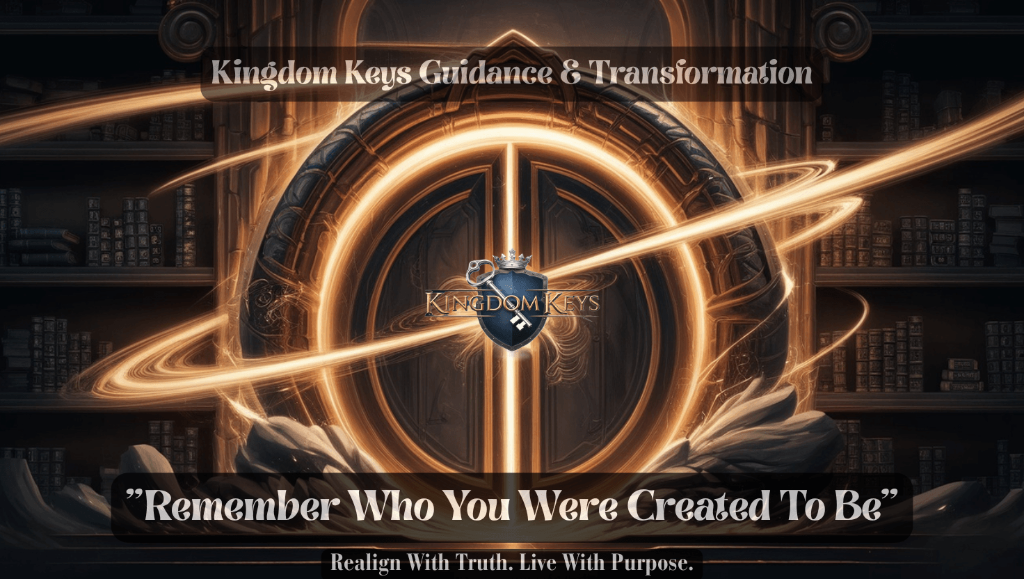 Kingdom Keys Guidance & Transformation — a warm library with golden glowing portals
