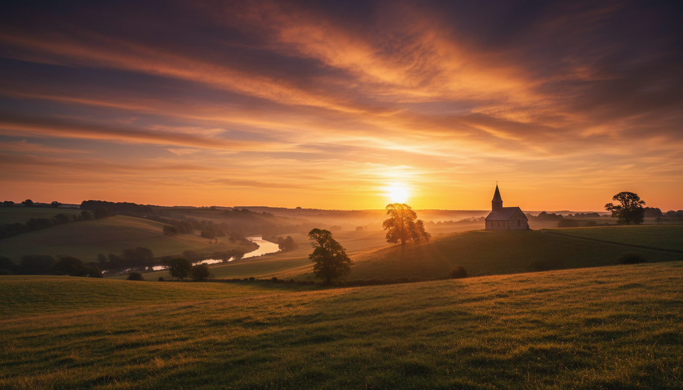 Sunset over countryside with church steeple