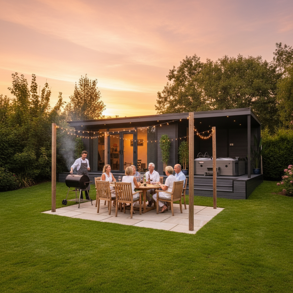 Bespoke composite wood garden room in a lush English garden