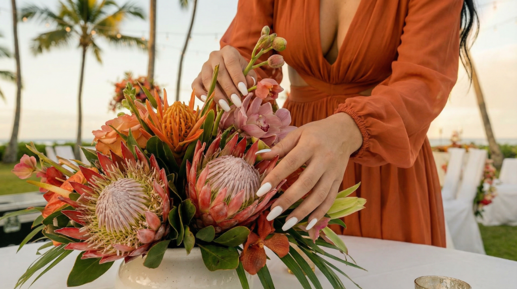 Floral artist arranging tropical flowers