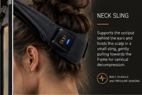 Gentle neck sling support showing the careful, grounded approach to trauma calibration