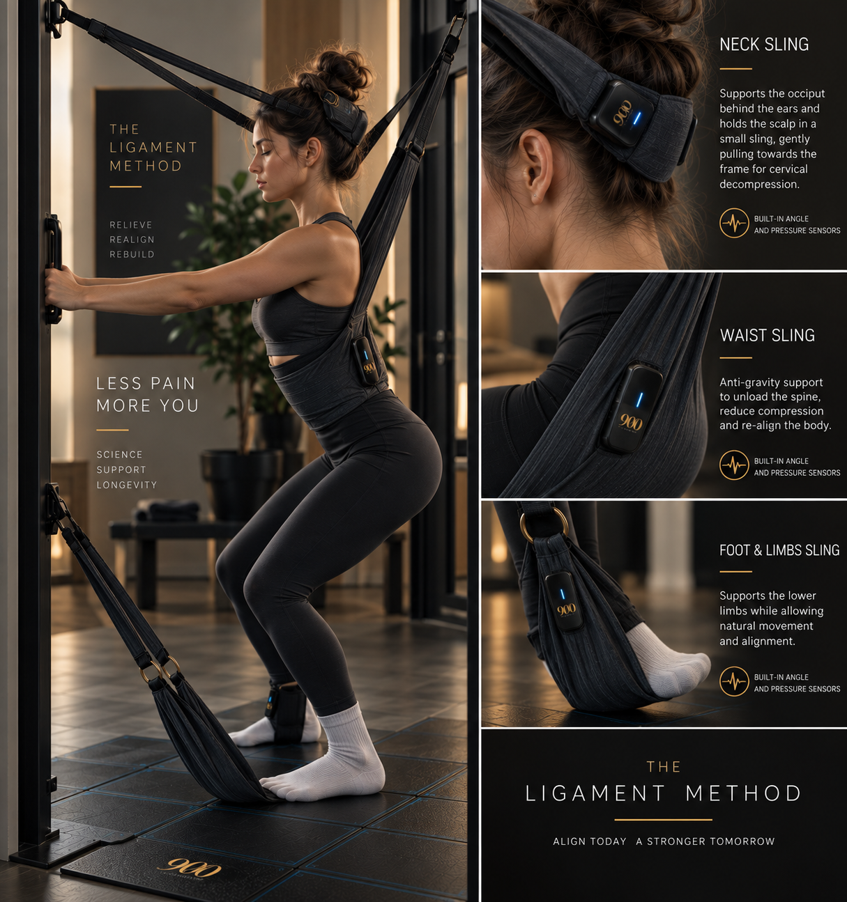 The connected body — neck, waist and foot slings with built-in angle and pressure sensors