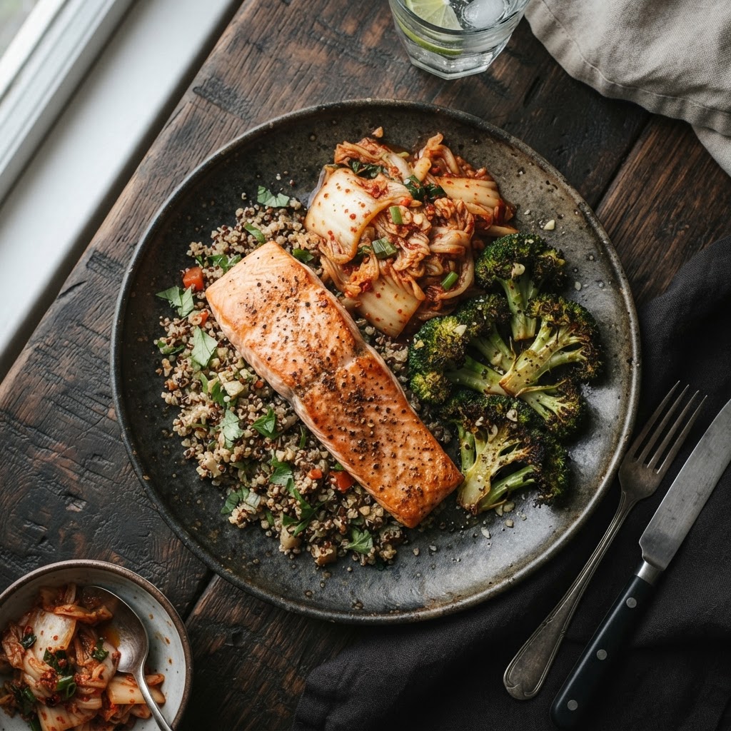 Baked Salmon with Kimchi & Quinoa