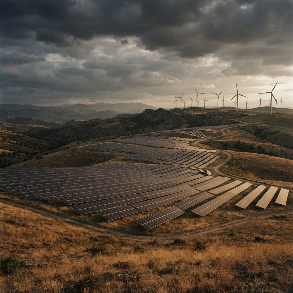 Solar field with wind turbines on rolling Anatolian landscape at golden hour