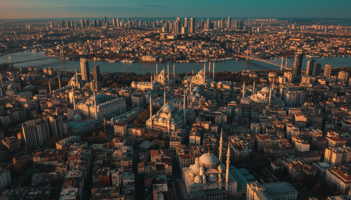 Aerial view of Istanbul's dense urban fabric at twilight showing mix of historic and modern buildings