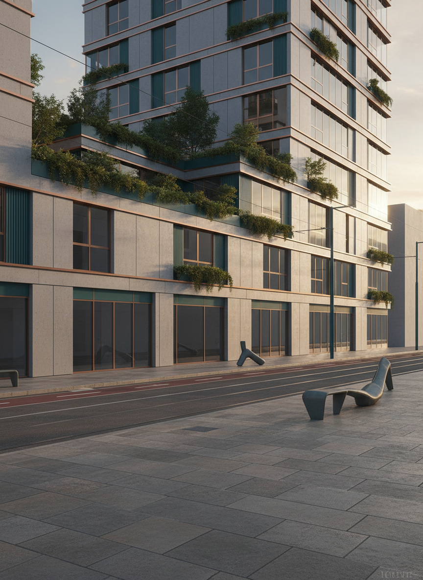 Contemporary residential development render with integrated green terraces and urban landscaping