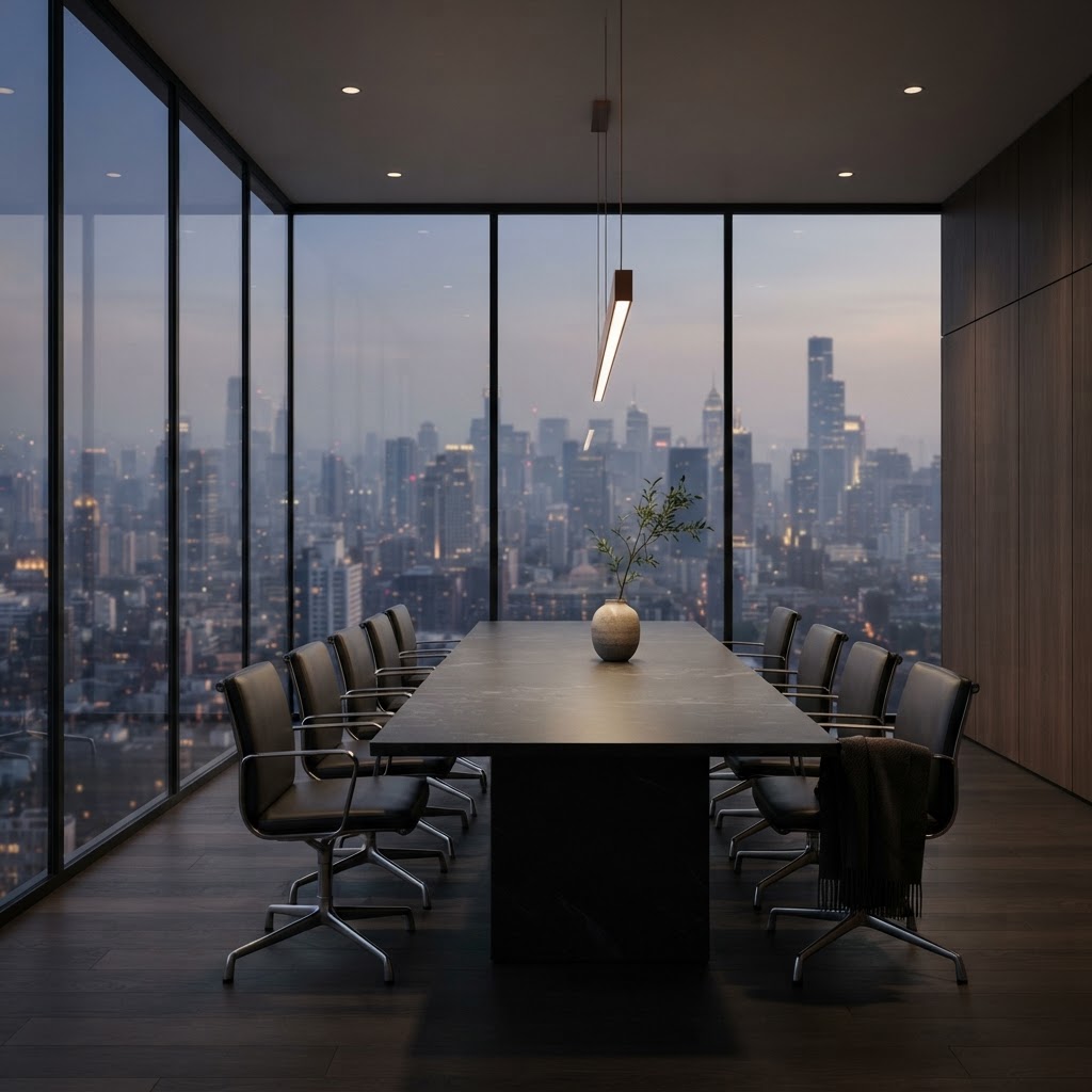 Modern boardroom with floor-to-ceiling windows overlooking a city skyline at dusk