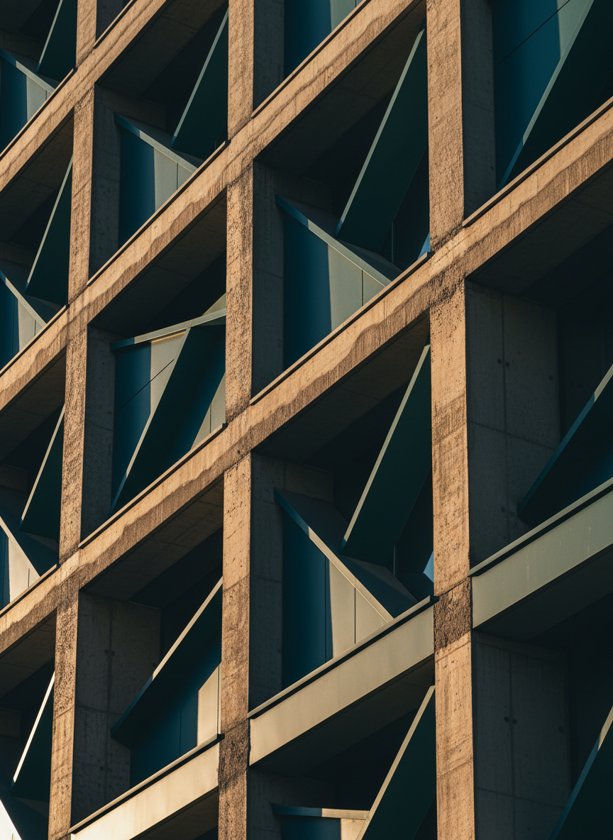 Close-up architectural detail of brutalist-to-modernist building renovation with dramatic shadows