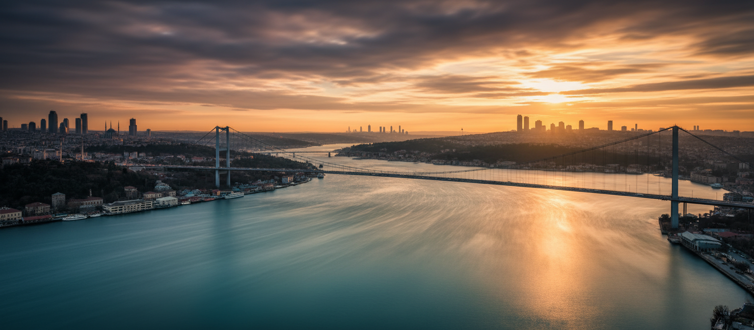 Istanbul skyline at golden hour showing the Bosphorus Bridge connecting two continents