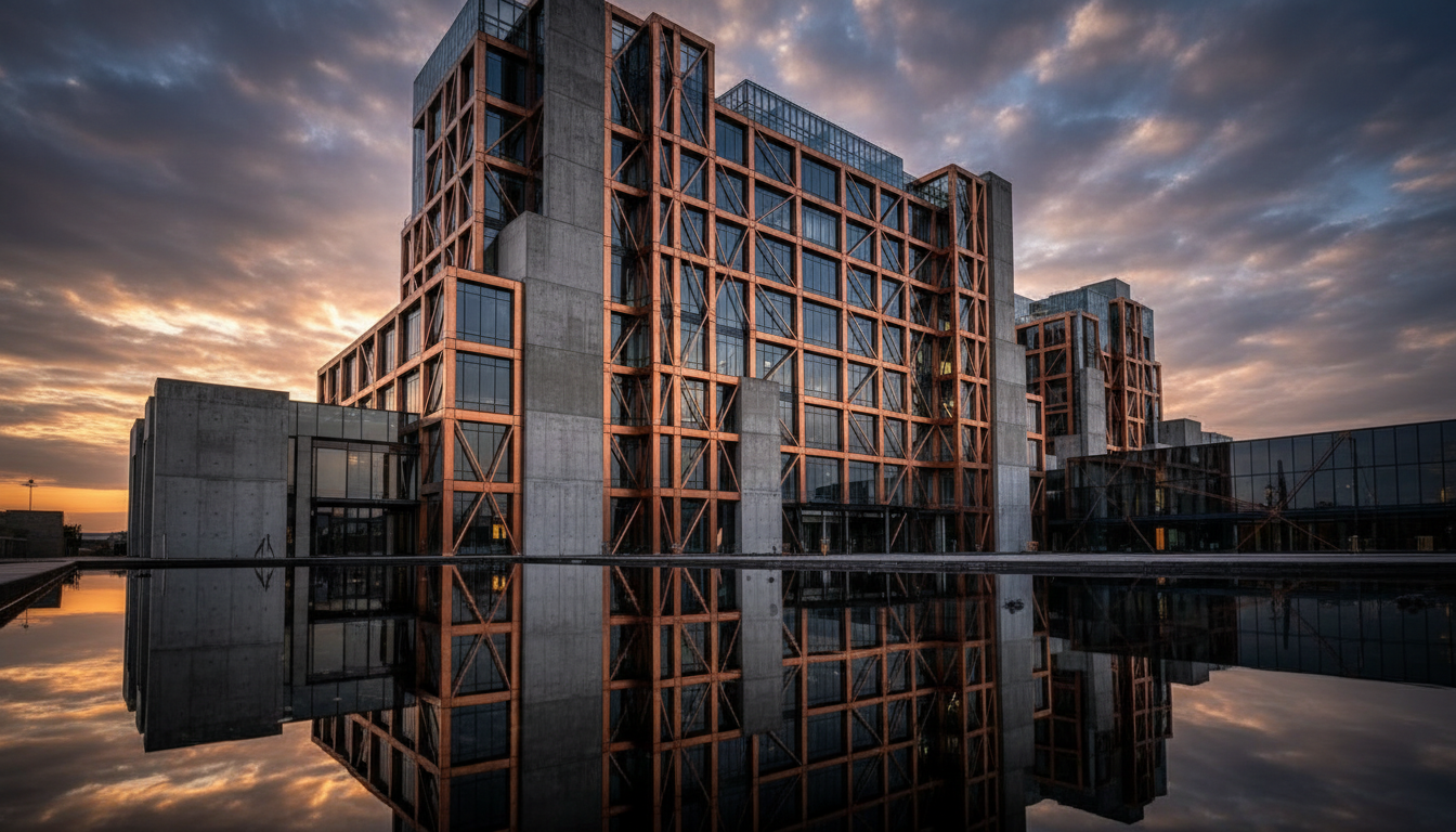 Flagship real estate development concept with modern mixed-use architecture at golden hour