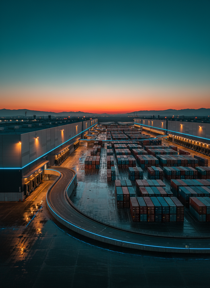 Wide-angle view of modern logistics distribution hub at dusk with industrial lighting