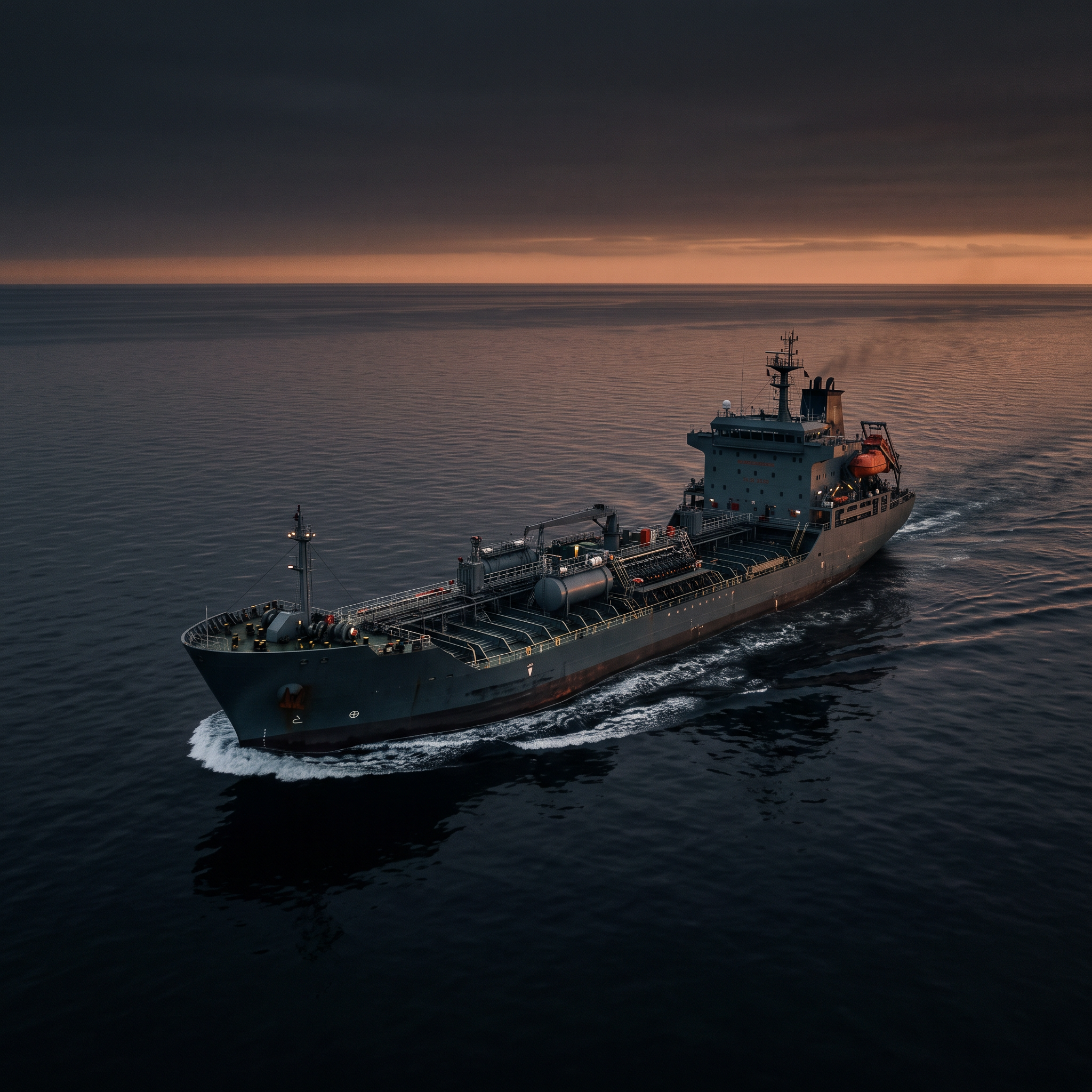 Product and chemical tanker at sea at dusk