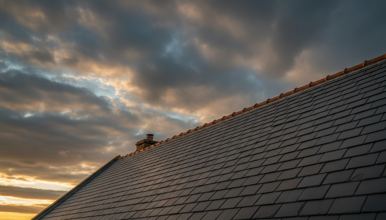 Expertly finished slate roof ridge against dramatic sky