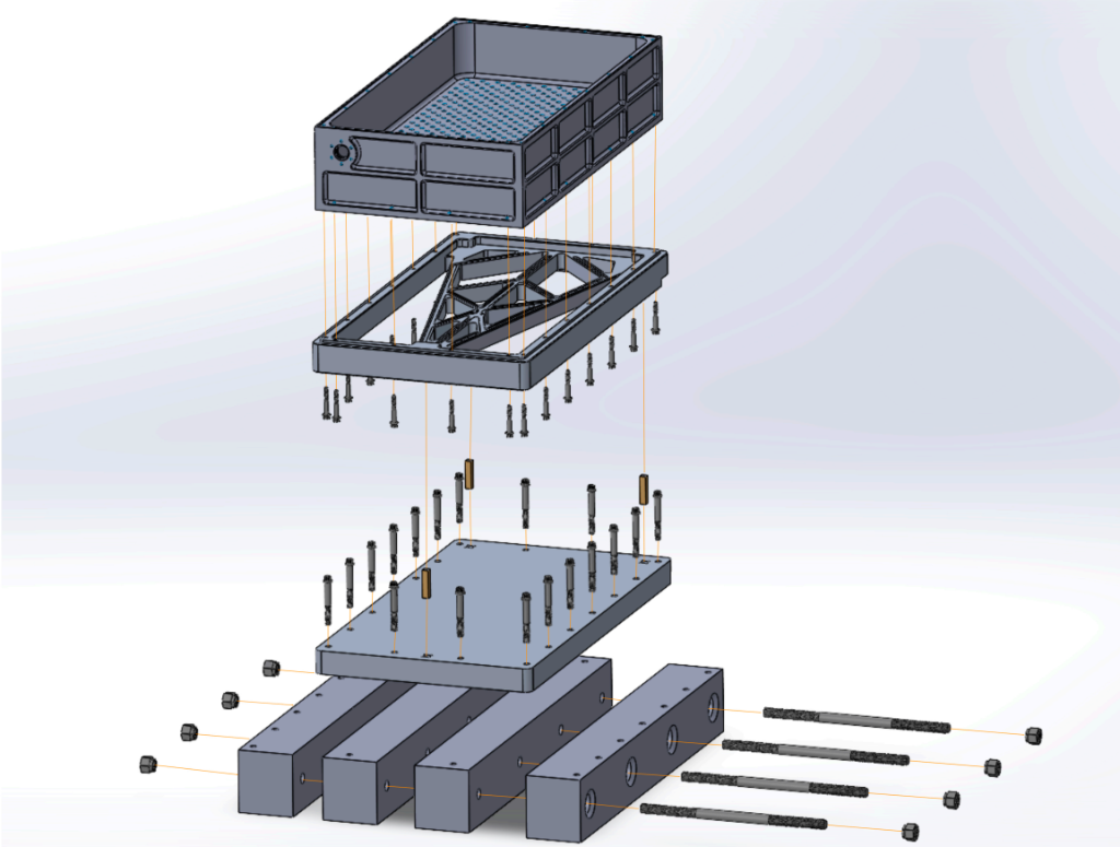 Exploded CAD model of a custom three-axis vibration-test platform designed by Cassidy Vetrovec.