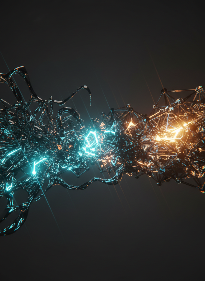 Abstract refracted light through crystalline structures representing algorithmic precision