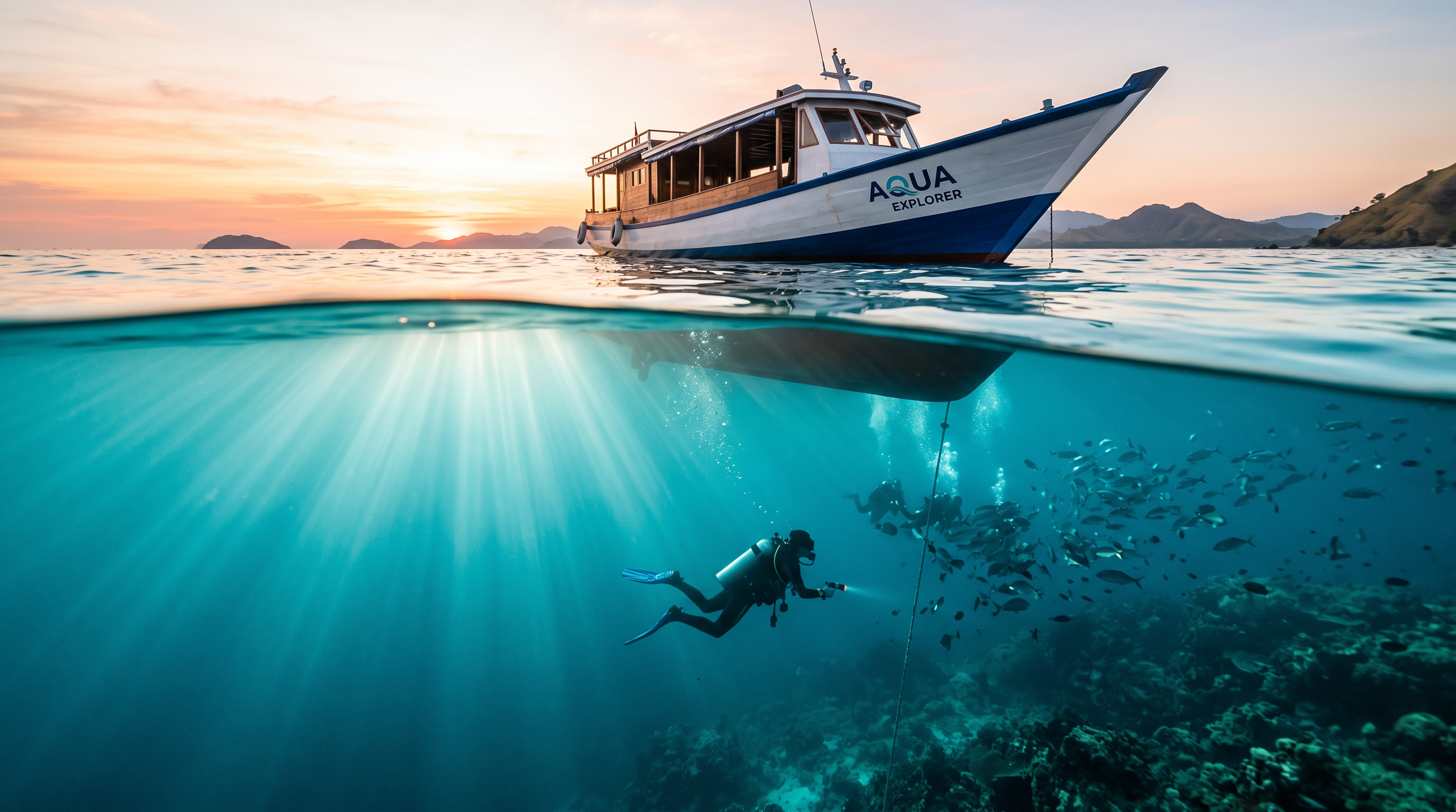 Split-shot of a dive boat at sunset above and a scuba diver descending into turquoise water below