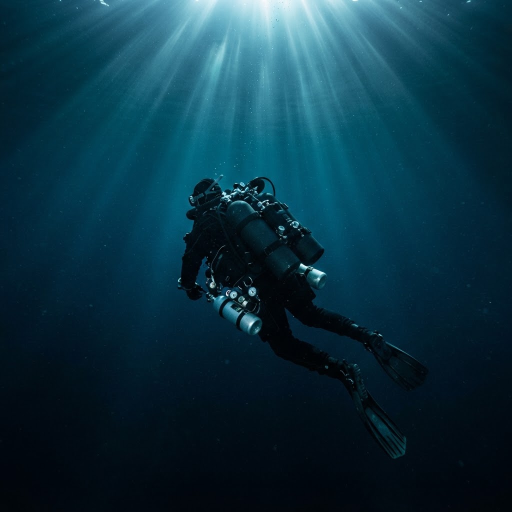 Advanced technical diver descending into deep water