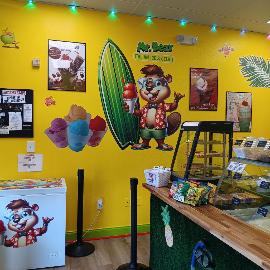 Mr. Beav interior wall with menu posters and mascot