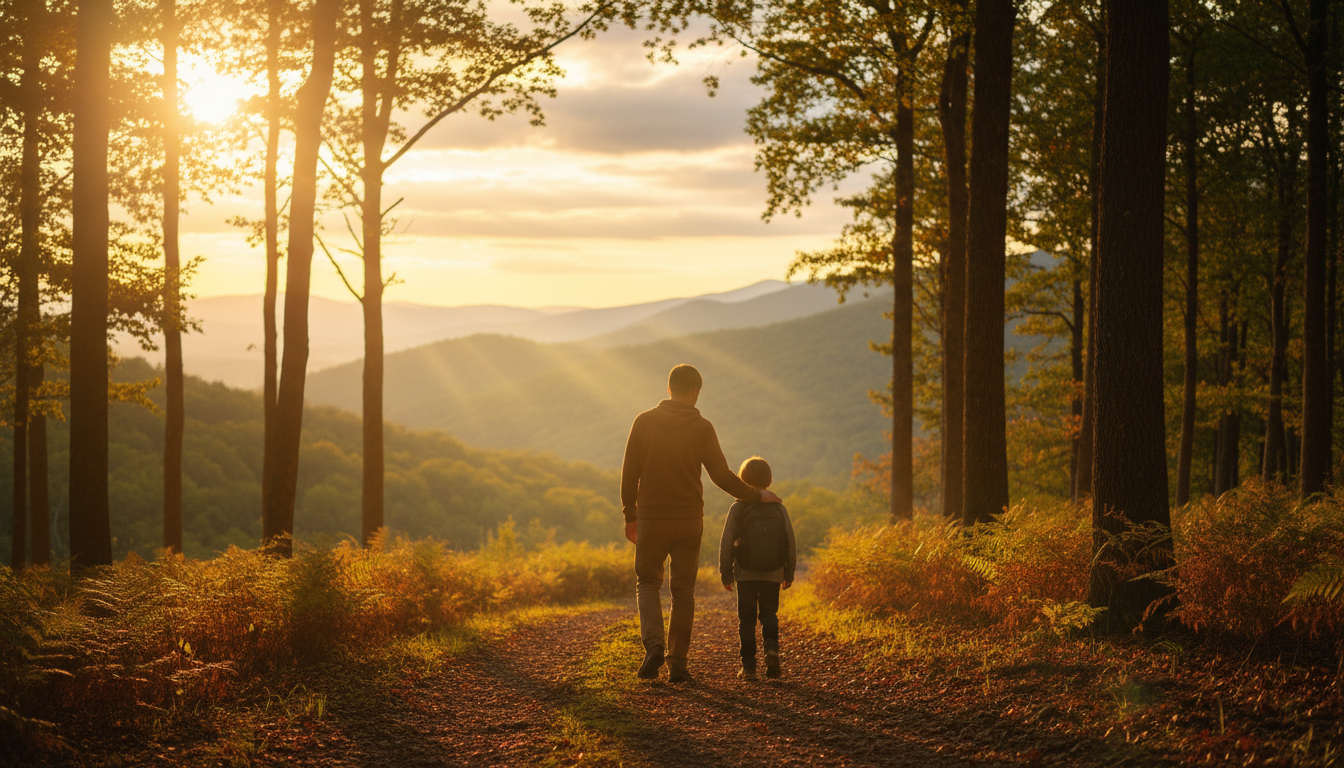 Two people walking together on a sunlit Appalachian forest path