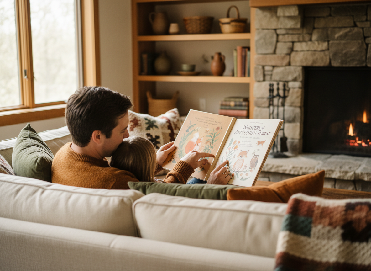 An adult and child reading a storybook together on a cozy couch