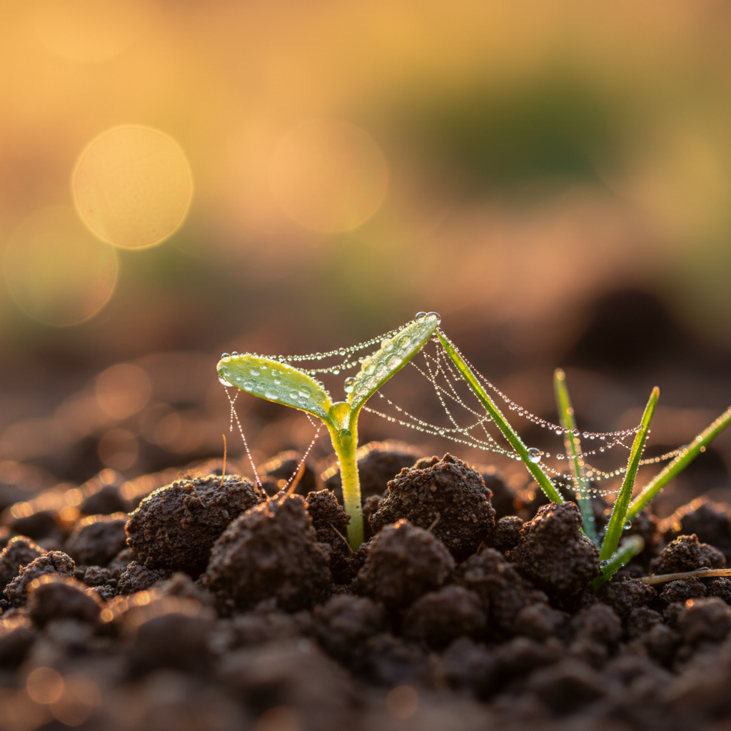 A green seedling sprouting from rich earth in golden light