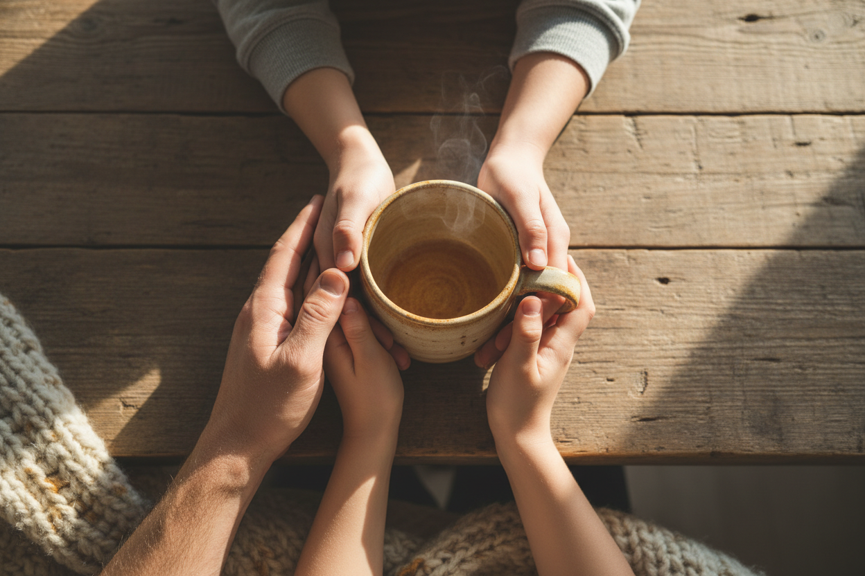 Caring hands cupping a warm mug on a rustic table
