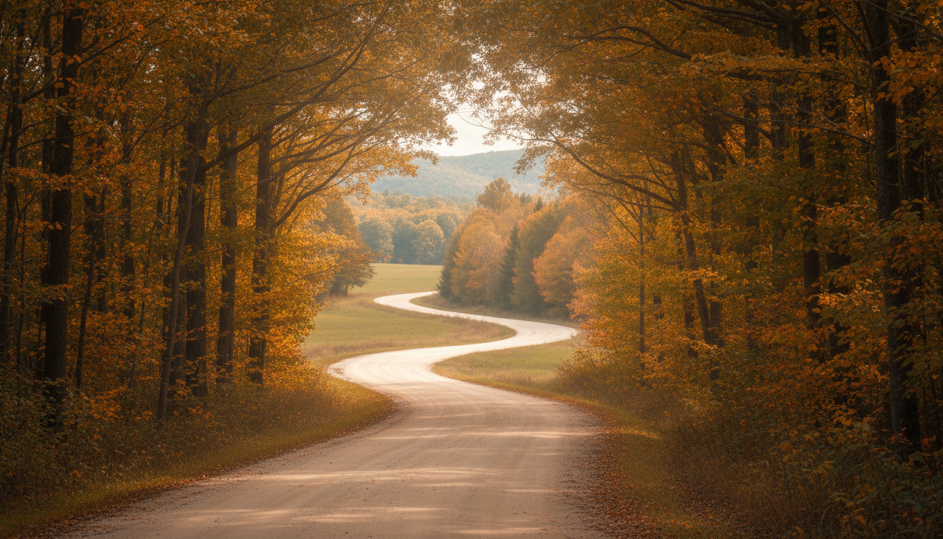 A winding country road through Appalachian countryside in autumn