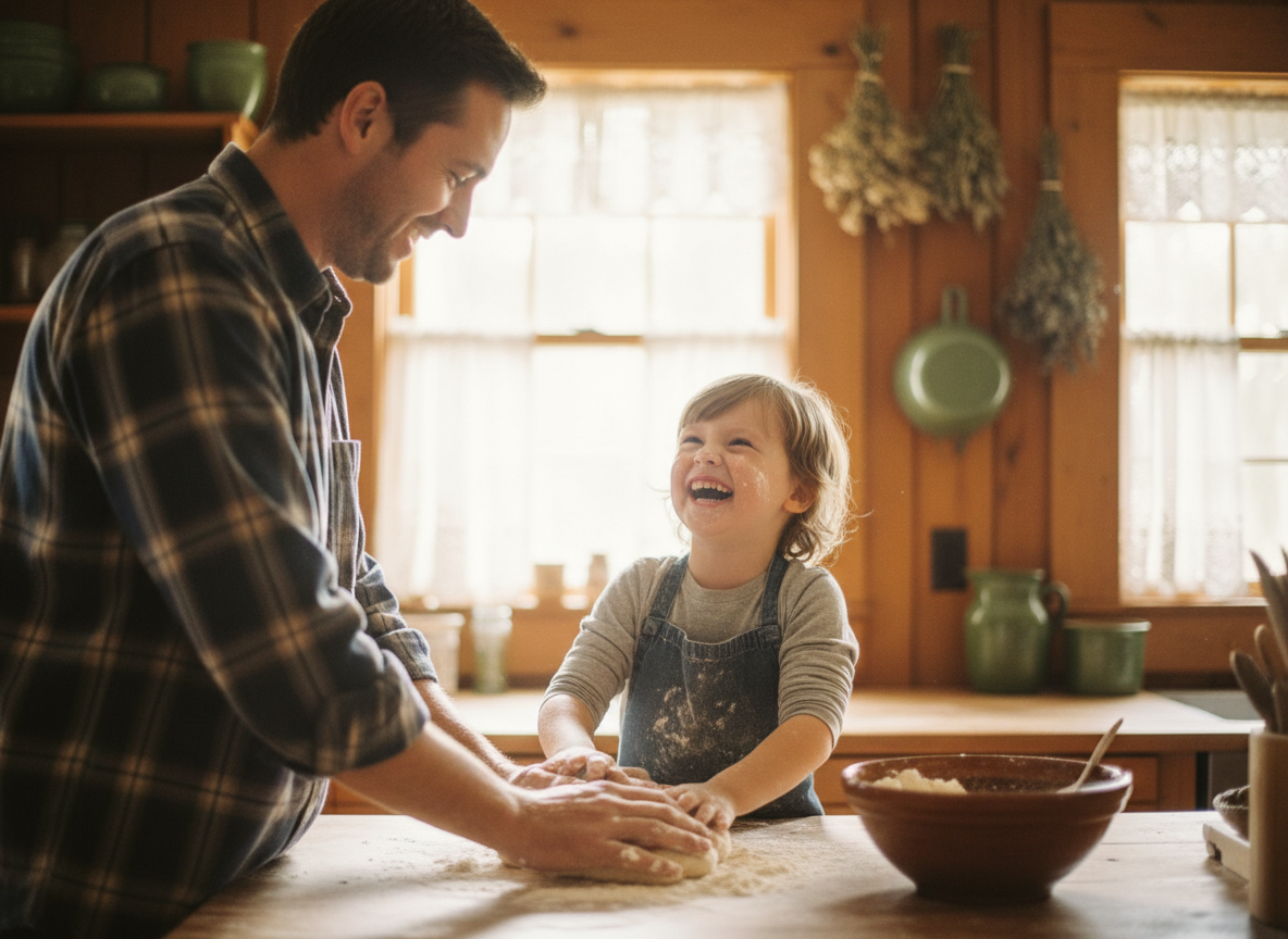 A family sharing a warm moment cooking together in a cozy kitchen