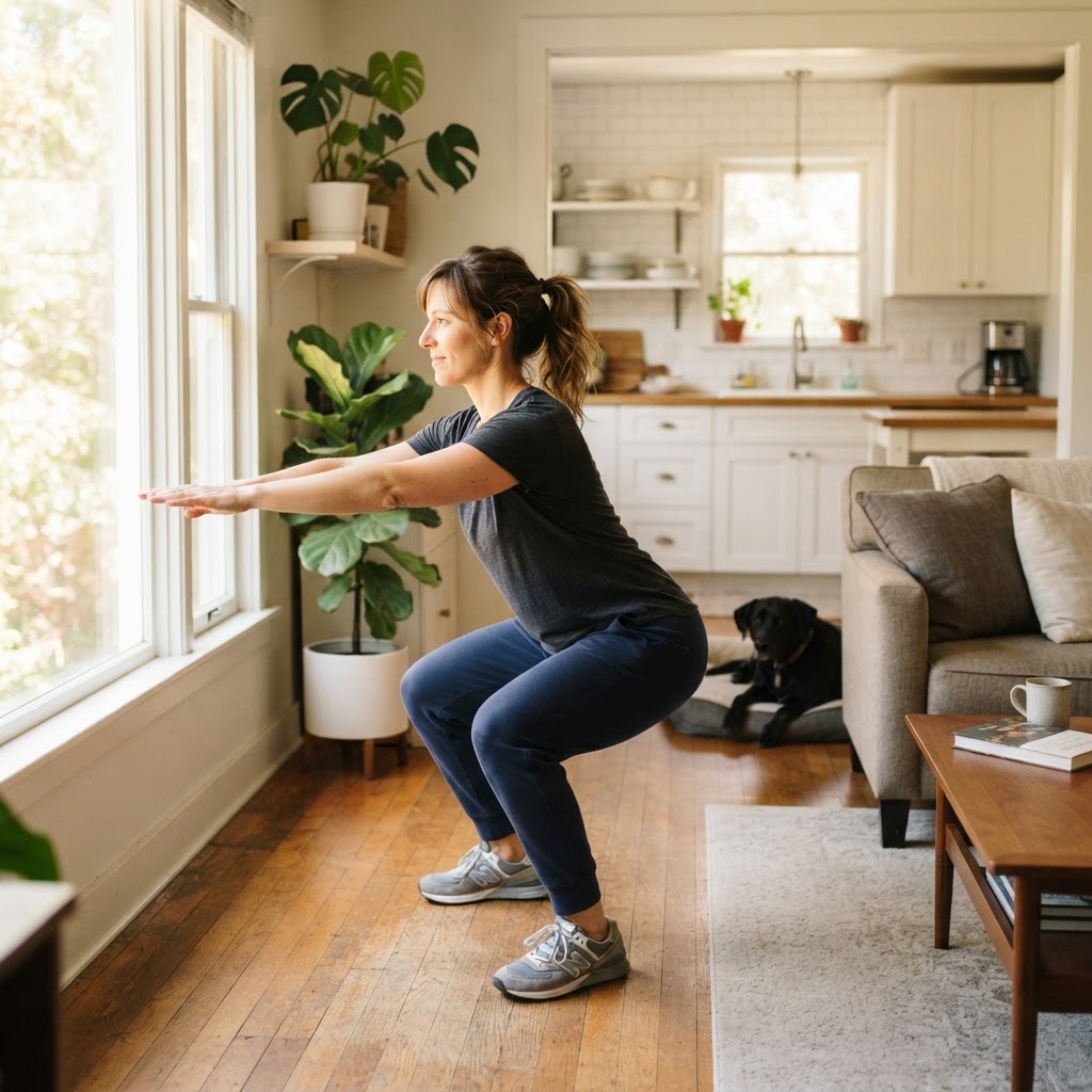 An everyday adult performing a controlled bodyweight squat in a sunlit living room