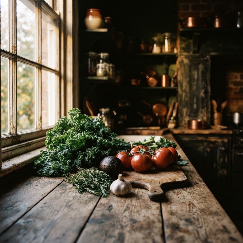 Fresh ingredients arranged on a rustic kitchen counter in warm morning light