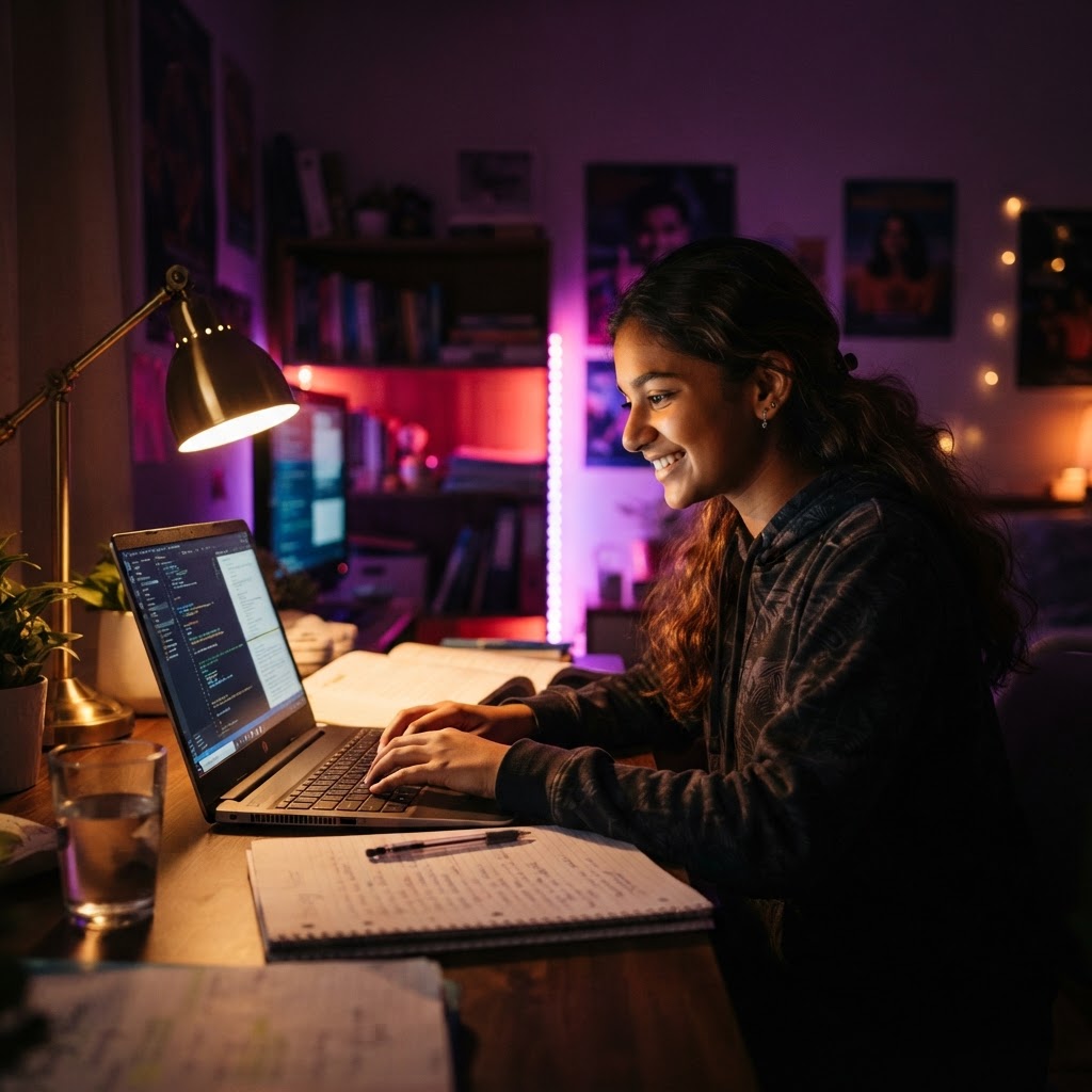 A student working at a laptop at night
