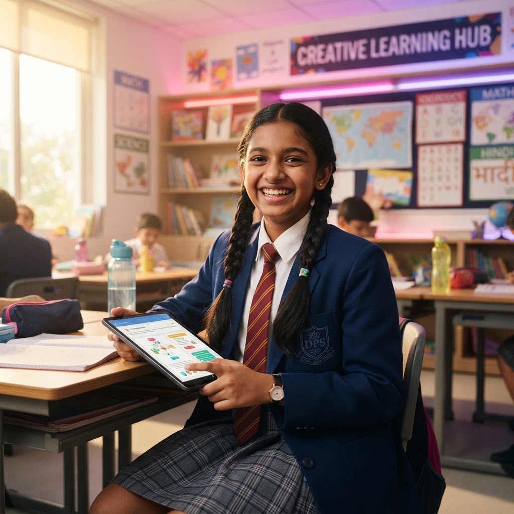 A teacher helping students with tablets