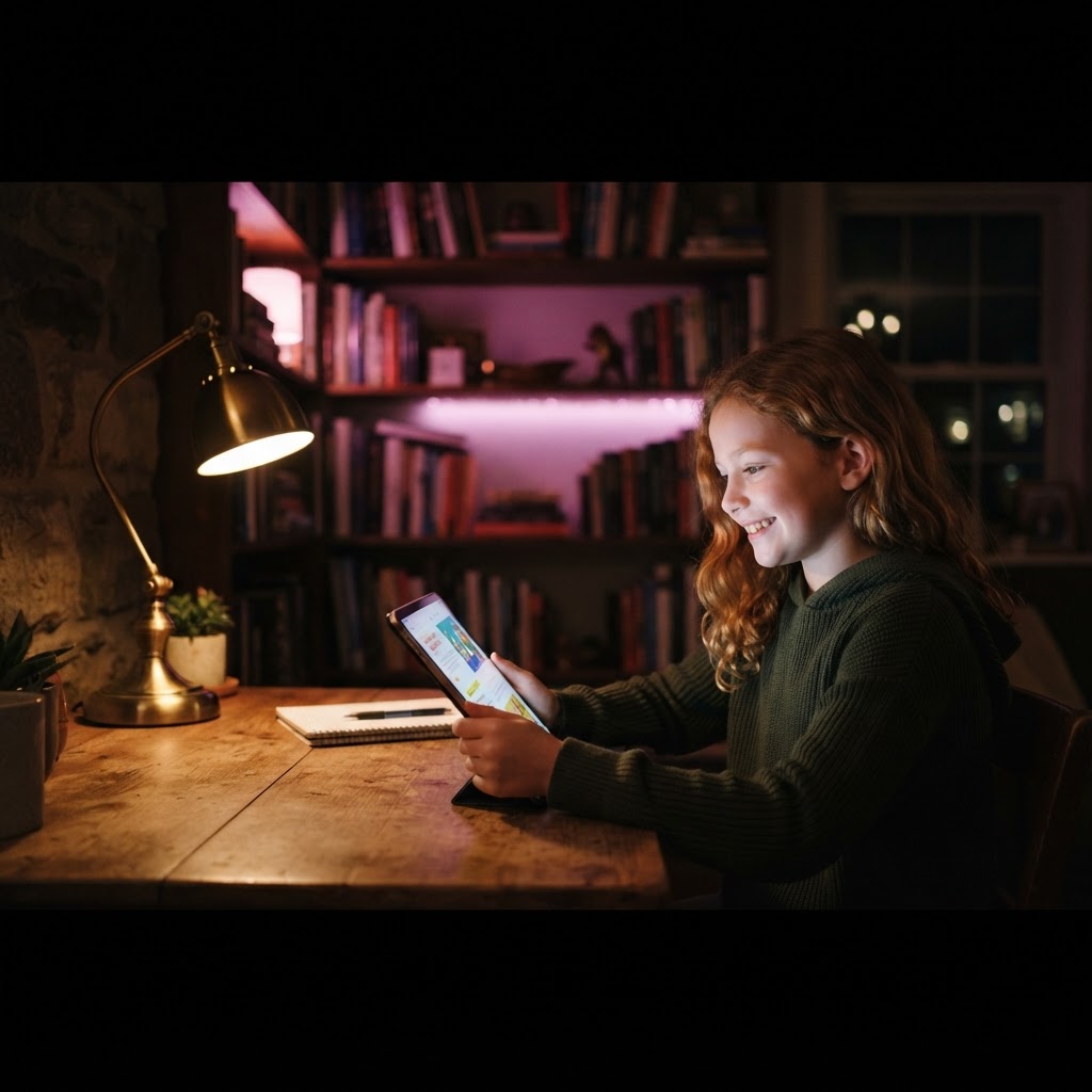 A young student smiling while working on a tablet