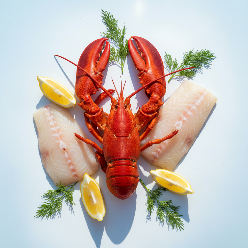Fresh Atlantic seafood spread with lobster, fish fillets, lemon, and herbs