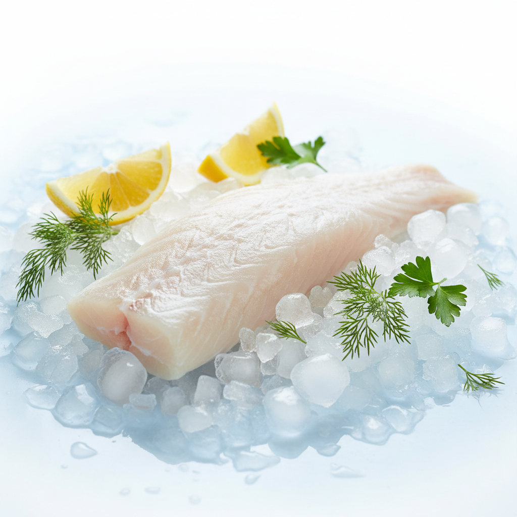 Fresh Atlantic cod fillet on crushed ice with lemon and herbs