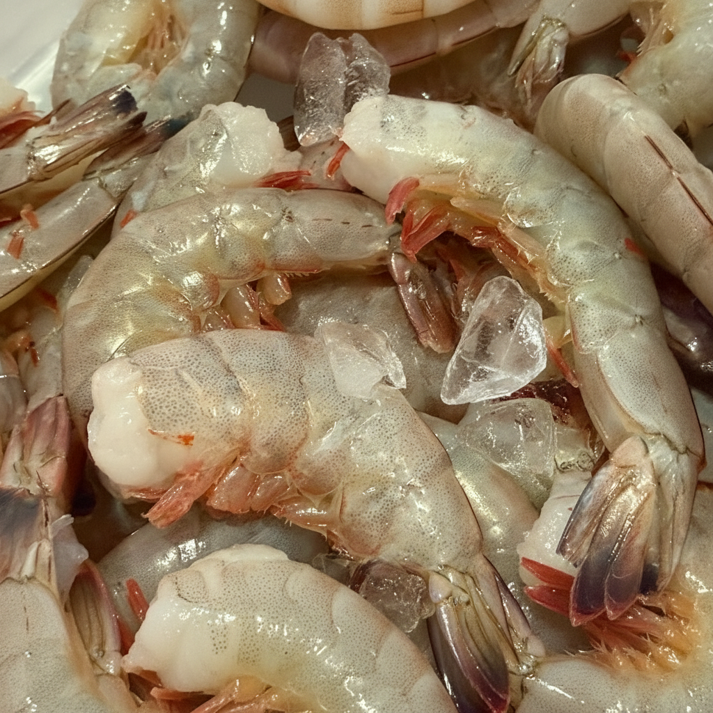 Fresh wild-caught shrimp on ice