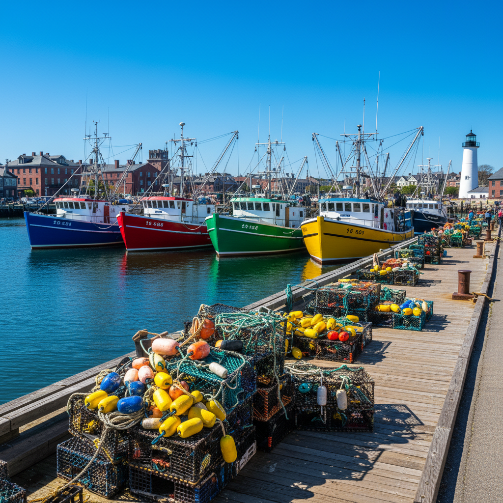 Colorful fishing boats at the New Bedford, MA docks