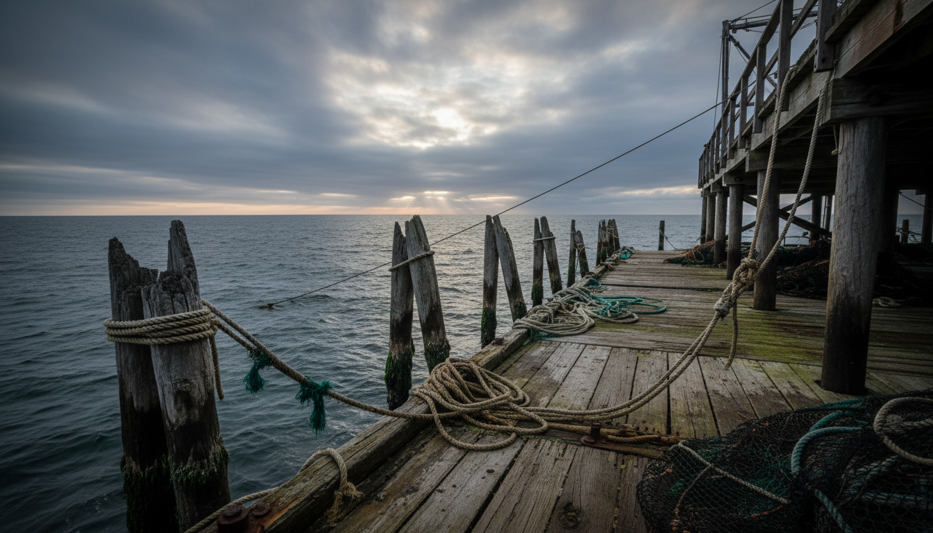 Weathered wooden fishing pier at dusk