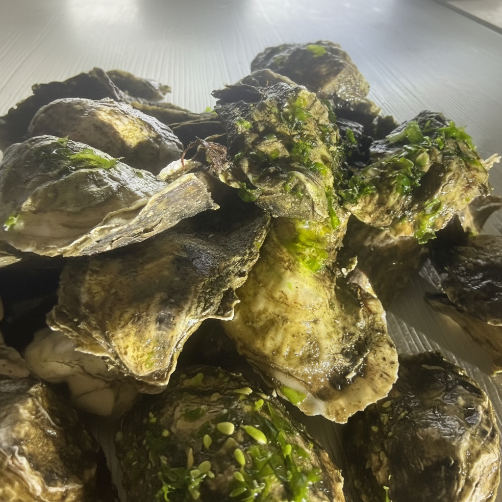 Fresh oysters in the shell with sea greens