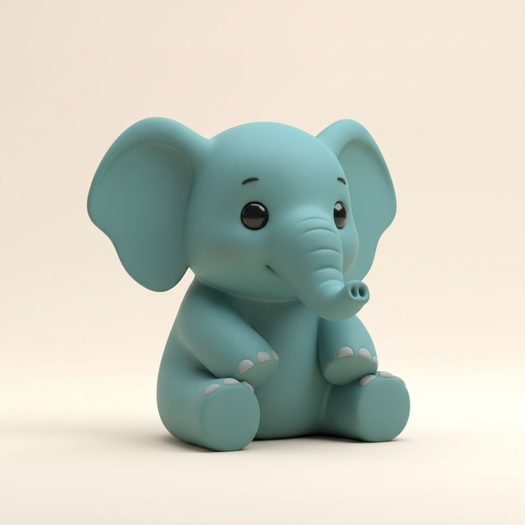 Gracely, the friendly teal elephant mascot, sitting calmly