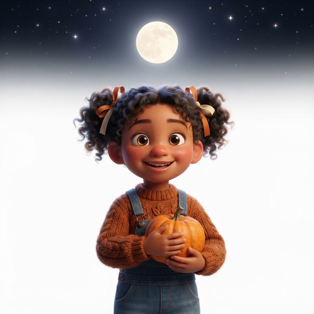 Dohery holding a pumpkin under a moon, asking I know we'll have a good time. Is that okay Dad?