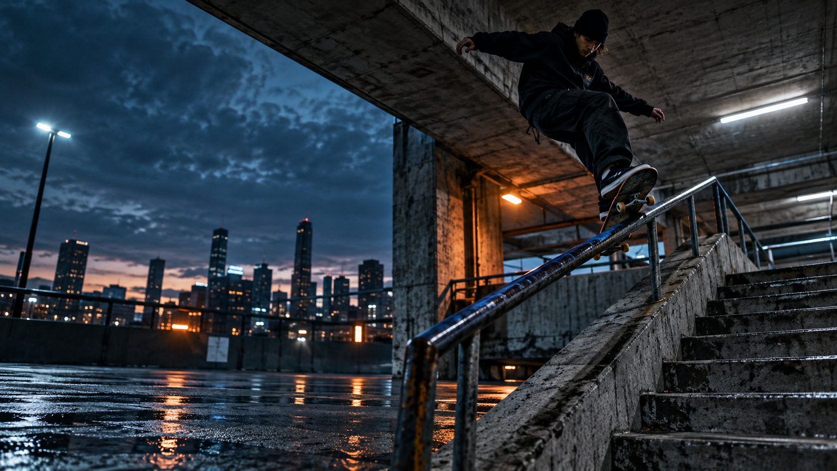 Skateboarder grinding a handrail on a city parking deck at dusk