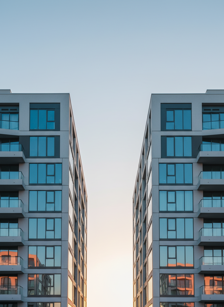 Moderne Wohnanlage mit gepflegter Fassade bei Sonnenaufgang