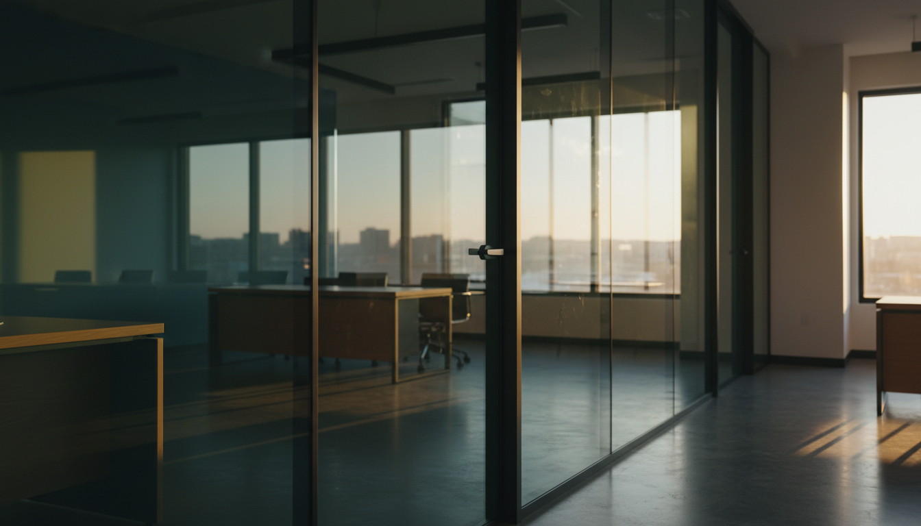 Heavy glass partitions in a modern law office reflecting soft Ontario sunrise light